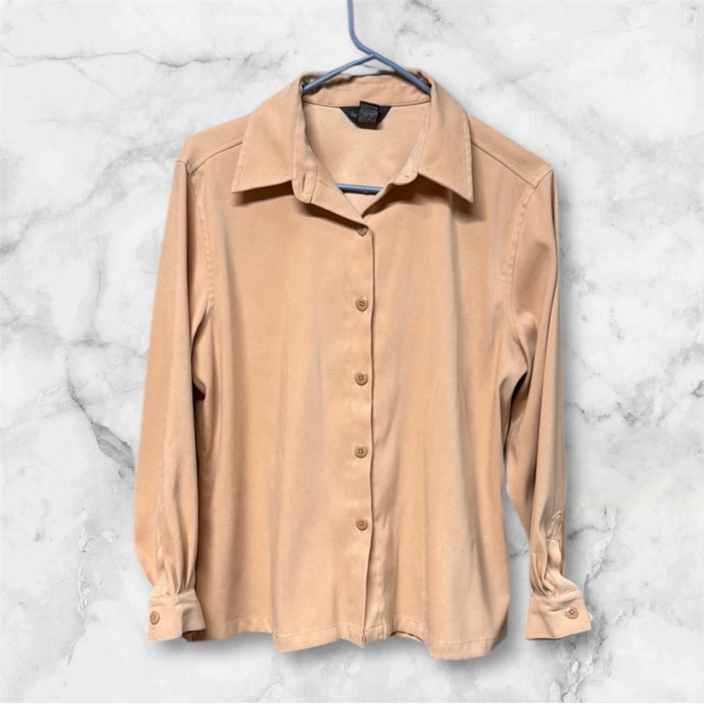 Vintage Peach cream Button-Up Blouse long sleeve size medium faux suede M